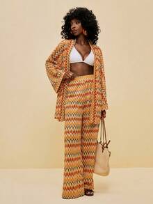 SHEIN Veneréa Women's Summer Beach Bohemian Striped Pattern Open Front Batwing Sleeve Belted Vacation Kimono Jacket