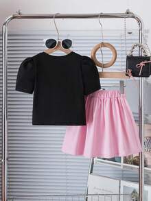SHEIN Girls Elegant All-Match Versatile 3D Bow Pleated Short Sleeve Round Neck Cropped Knit T-Shirt + Fitted Flare Pants Knit 2-Piece Set - Pink - View 2