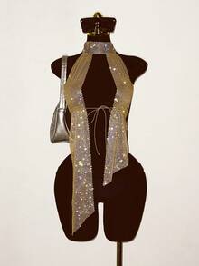 EgrlEra 女士水钻网纱吊带背心，性感闪亮透视款，适合假日派对 - 香檳色 - 查看 4