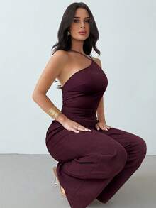 Firerie 夏季新款优雅亚麻露背褶皱腰部阔腿连体裤，休闲、度假、通勤皆宜。 - 酒紅色 - 查看 4