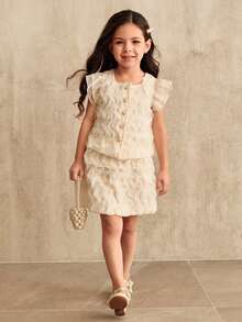 SHEIN 花园女孩韩版时尚花卉贴花盖袖衬衫 + 裙子 2 件套，夏季可爱甜美 - 杏色 - 查看 5