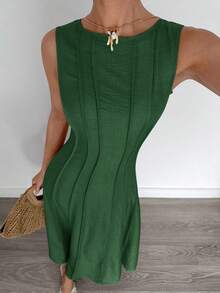 Siren Gaze Women's Army Green Sleeveless Round Neck Maxi Dress With Plicated Woven Fabric Details Casual Flared Long Tank Dress Women Vacation Dress Solid Color Dress Green Maxi Dress Women Ankle Length Dress Summer Holiday Resort - Army Green - View 8