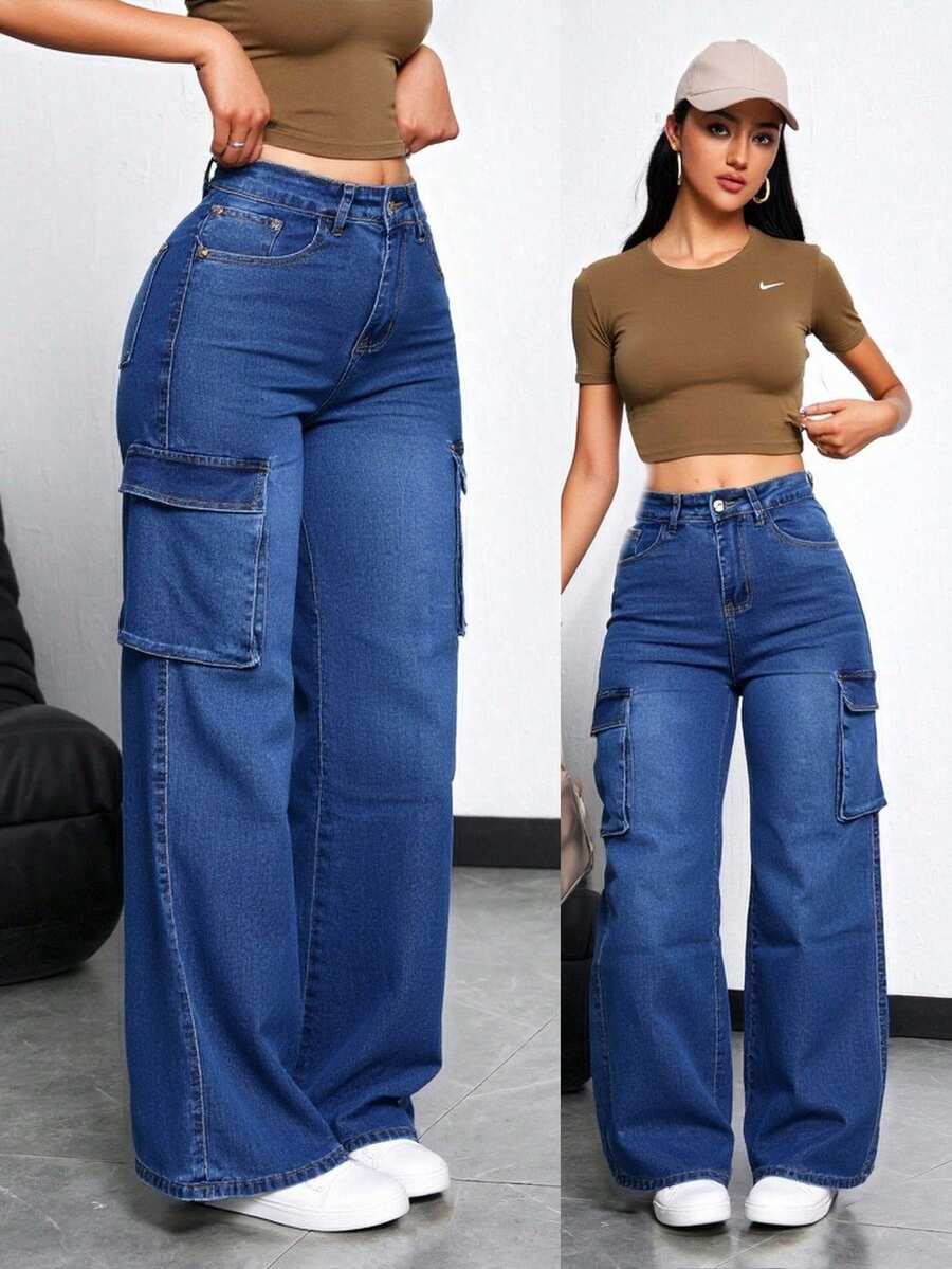 Pantalón Palazzo Cargo Mezclilla Azul Intenso Elástico para Mujer Super Funcional y Estilizado - Azul lavado oscuro - Ver 1