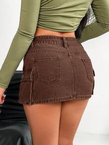 SHEIN PETITE Damen Utility Pocket Bodycon Lässig Jeans Mini Rock - Kaffeebraun - Übersicht 2