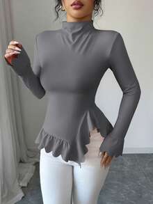 Elenzga Camiseta de mujer con cuello de encaje, mangas raglán y bajo asimétrico con volantes - Gris Oscuro - Ver 6