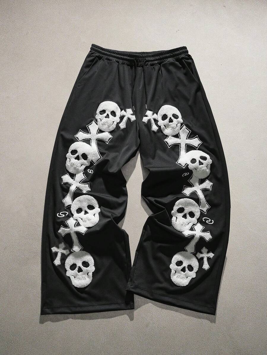 AXEPEAK Men's Street Hip Hop Loose Skull Pants - Black - View 1