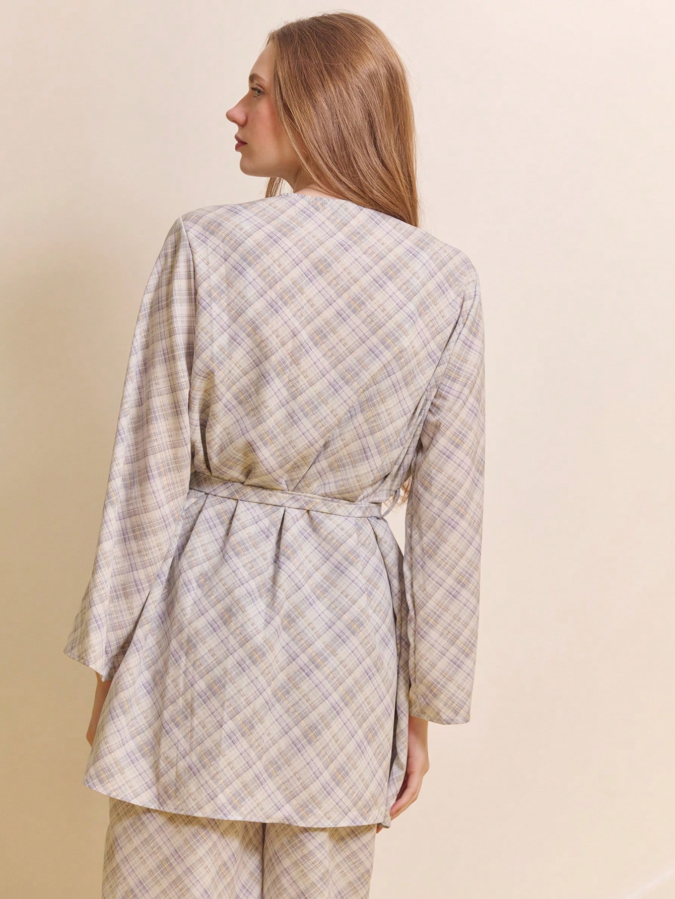 Check Printed Loose Fit Belted Pyjama Kimono Cosy Cute Plaid Loungewear Spring Summer Check Sleepwear Set French Style Parisian Style