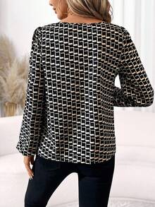 SHEIN Clasi 秋季女式几何印花圆领长袖修身衬衫教师衬衫长袖衬衫办公室装黑白衬衫秋季女装秋季衬衫商务休闲女式长袖女式衬衫正装衬衫工作女式衬衫，长袖上衣