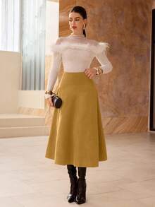 Modelyn Solid Color Faux Suede Flared Elegant Long Skirt For Women - Yellow - View 7