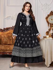Al Najma Plus Size Women's Turkish Style Long Sleeve Maxi Dress, Beaded Embroidered Tie Waist Floral Lace Trim Arabian Traditional Kaftan - Black - View 4