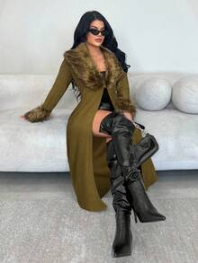 SHEIN SXY 大码女式杏色仿毛领拼接长款军绿色针织开衫，秋冬款 - 軍綠色 - 查看 5