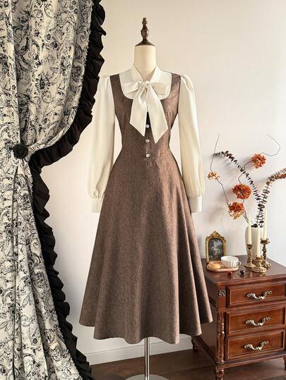 Vintamour Vintage Classic Elegant Women's Dress, Autumn/Winter Fitted Colorblock Dress With Tie Collar Long Sleeve Dress With Pockets, Brown Dress