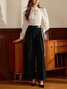 Vintamour 复古经典优雅女士长裤，修身撞色滚边裤，纽扣门襟，棕色，秋冬款 - 黑色 - 查看 6