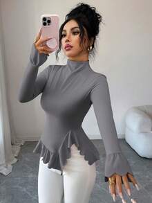 Elenzga Camiseta de mujer con cuello de encaje, mangas raglán y bajo asimétrico con volantes - Gris Oscuro - Ver 3