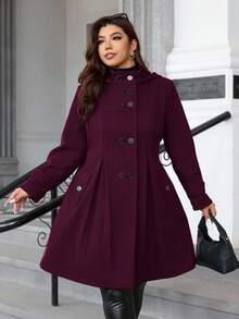 Ellevyn Plus Size Women's Solid Color Long Sleeve Double-Breasted Pleated Design Hooded Overcoat, Autumn/Winter - Purple - View 7