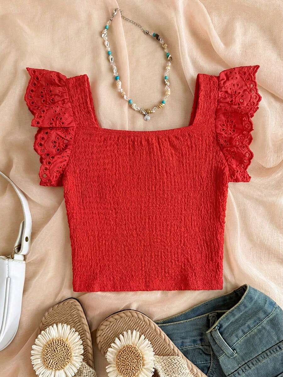 SHEIN Tween Girls' Casual Vacation Home Patchwork Embroidery Lace Trim Textured Knit Fitted Cropped Square Neck T-Shirt Top, White - Red - View 1