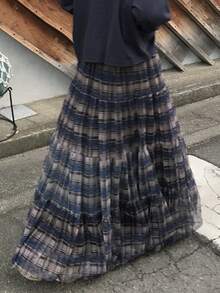 FRIFUL Women's Plaid Mesh Flared Skirt