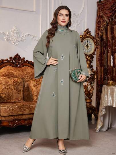 Al Najma Váy Maxi Thổ Nhĩ Kỳ thời trang thanh lịch màu trơn sang trọng tay dài đính đá lấp lánh dành cho nữ cỡ lớn