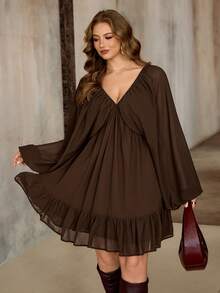 Flirla Váy dài tay chữ A cổ chữ V tay cánh dơi bằng vải chiffon xếp nếp dành cho nữ, phong cách cổ điển Pháp thanh lịch, thích hợp mặc đi làm, đi làm, đi chơi, thường ngày, phong cách đường phố, đa năng, mùa thu/đông, thích hợp mặc vào dịp Giáng sinh, Lễ tạ ơn, tiệc năm mới, trà chiều - Cà phê nâu - Xem 6