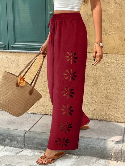 SHEIN Frenchy Stylish Women's Burgundy Straight Leg Pants From Woven Fabric With Intricate Plant Cutouts And Knot Detail