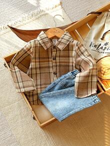 SHEIN Vintaside Kids Baby Boy Spring/Autumn Plaid Collar Long Sleeve Casual Fashionable Shirt Paired With Versatile Washed Denim Pants Set - Multicolor - View 8