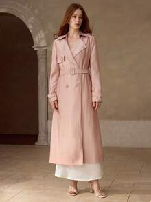 MOTF PREMIUM 女士时尚通勤纯色双排扣系带长款风衣 - 淺粉色 - 查看 4
