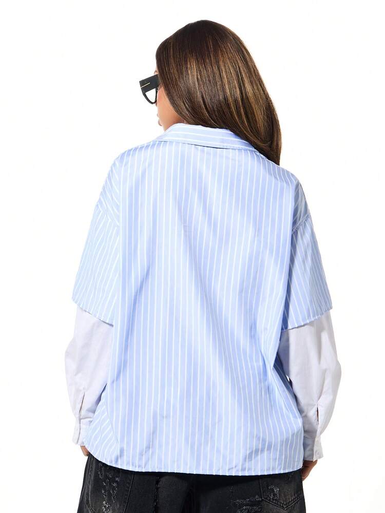 SUMWON WOMEN Striped Collared Blouse With Text Print