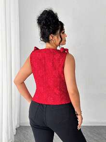 Elenzga 大码优雅提花纹理面料西装背心 - 酒紅色 - 查看 2