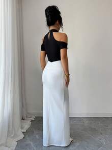 Selianne Summer New Black & White Color Block Design, Sexy High Slit, Off-Shoulder Short Sleeve Ruched Fitted Waist Elegant Dress, Suitable For Party, Gala, Wedding, Valentine's Day - Black and White - View 2