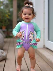 SHEIN Toddler Girl Island Palm Tree Print Long Sleeve Zipper One-Piece Swimsuit, Cute Ruffle Raglan Sleeve Sun Protection Swimwear