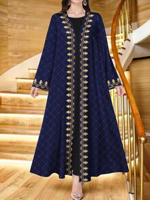 SHEIN Najma 女士金色皇冠数码印花时尚开衫长袖休闲阿拉伯长袍，春秋季 - 彩色 - 查看 1