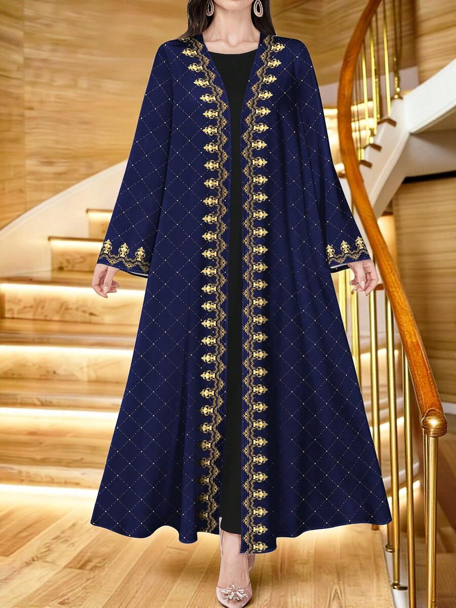 SHEIN Najma 女士金色皇冠数码印花时尚开衫长袖休闲阿拉伯长袍，春秋季 - 彩色 - 查看 1