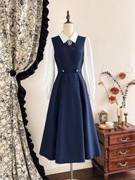 Vintamour Vintage Classic Elegant Women's Dress, Autumn/Winter, Fitted Contrast Color 2 In 1 Dress, Vintage Brooch Dress, Waist Strap Button Dress, Navy Blue Dress