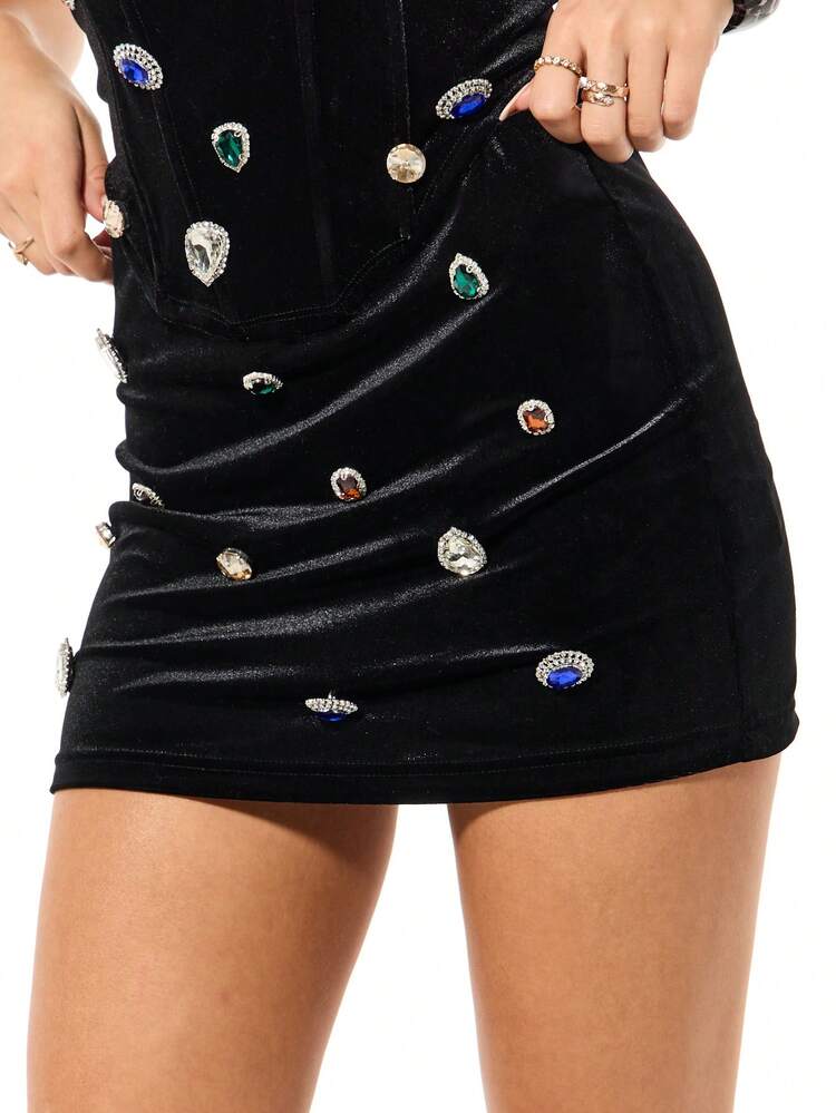 SUMWON WOMEN Velvet Crystal Embellished Bodycon Mini Skirt