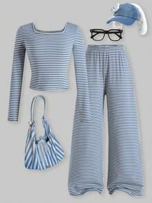 SHEIN ChillGRL 两件套少女圆领长袖T恤和松紧腰条纹直筒裤，休闲日常穿搭，秋季款 - 藍白色 - 查看 1