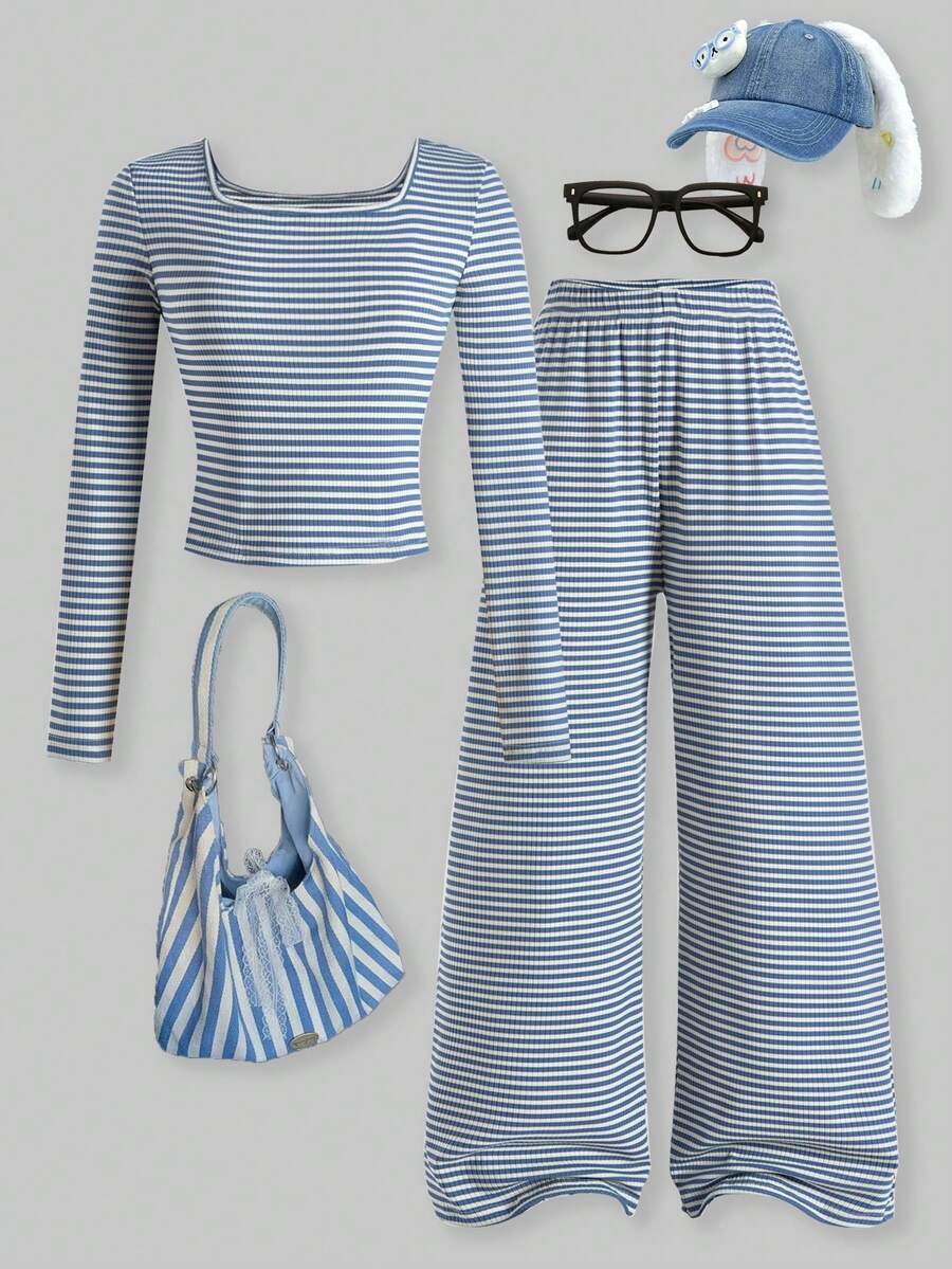 SHEIN ChillGRL 两件套少女圆领长袖T恤和松紧腰条纹直筒裤，休闲日常穿搭，秋季款 - 藍白色 - 查看 1