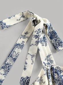 Girlism Tween Girls Dresses Summer Palace Style Floral Ruffle Dress Ballet Style Dress - Blue and White - View 4