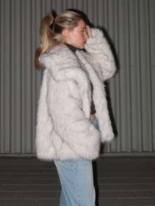 Turnttoni Women's Winter Lapel Open Front Fluffy Jacket - Grey - View 6