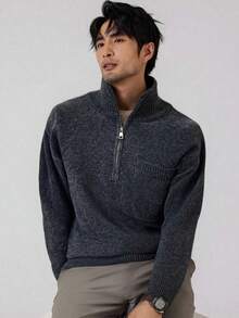 Manfinity Homme 男士休闲半拉链高领长袖毛衣，灰色，秋冬休闲拉链高领毛衣