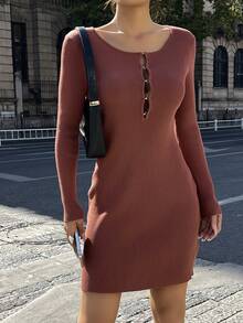 DAZY Women's Solid Color Round Neck Long Sleeve Button Design Fitted Knit Dress - Burgundy - View 6