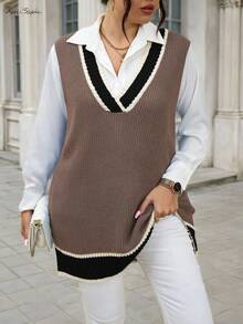 Elenzga Plus Size Women V-Neck Casual Versatile Back To School Party Knitted Vest - Khaki - View 4