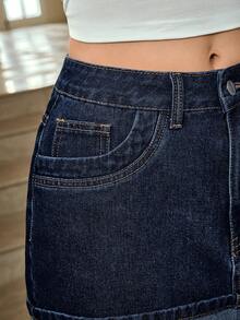 Selenza 新款休闲宽松深色水洗小众优雅毛边下摆梭织女式牛仔裙 - 深色水洗藍 - 查看 5