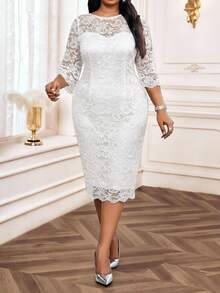 Fleurora 大码女士腰果蕾丝圆领七分袖修身优雅连衣裙 - 白色 - 查看 6