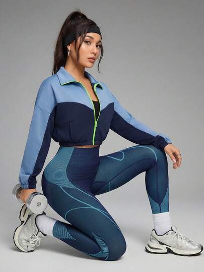 Innovista Women's Contrast Color Drop Shoulder Long Sleeve Zipper Front Sports Jacket Women's Loose Fit Colorblock Blue Cropped Zip-Up Sports Jacket – Baggy Athletic Sweatshirt With Contrast Green Zipper & Side Pockets | Lightweight Fall Athleisure Outerwear For Running, Cycling, HIIT, Office-To-Gym & Daily Casual Urban Style