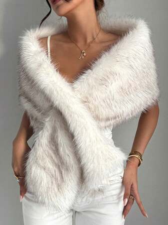 Almamuse Women's Solid Color Faux Fur Fashion Shawl, Autumn/Winter White Shrug White Fur Shrug Women's Luxury Clothing White Fur Shawl