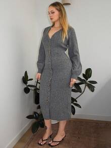 Arliah Damen Lässig Knopf V-Ausschnitt Extra Lange Pulloverkleid - Grau - Übersicht 6
