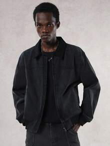 DAZY Áo khoác denim nam mùa thu có cổ nhung xám - Màu xám đen - Xem 7