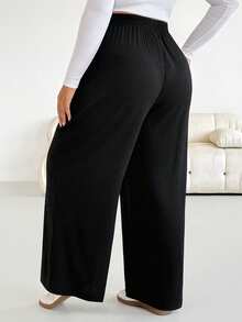 SHEIN Essnce 大码女装春夏时尚休闲宽松舒适日常百搭显瘦纹理面料黑色弹力腰阔腿裤，秋季穿搭，女式下装，简约风格，工作裤 - 黑色 - 查看 2