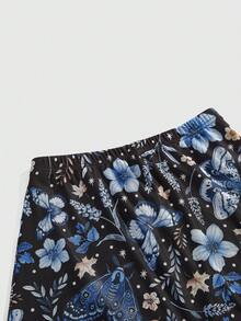 ROMWE Fairycore Women's Dark Gothic Bat, Skull, Moon, Pumpkin Print A-Line Punk Skirt - Multicolor - View 3