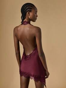 Briarwyn 女士深V领撞色蕾丝露背性感时尚吊带上衣 - 酒紅色 - 查看 6